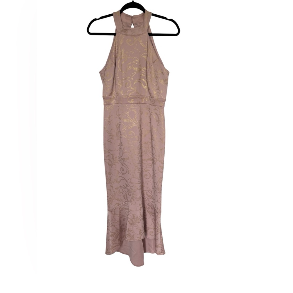Enfocus Studio High Low Cocktail Dress Mermaid Skirt Halter‎ Mauve Pink Gold 6